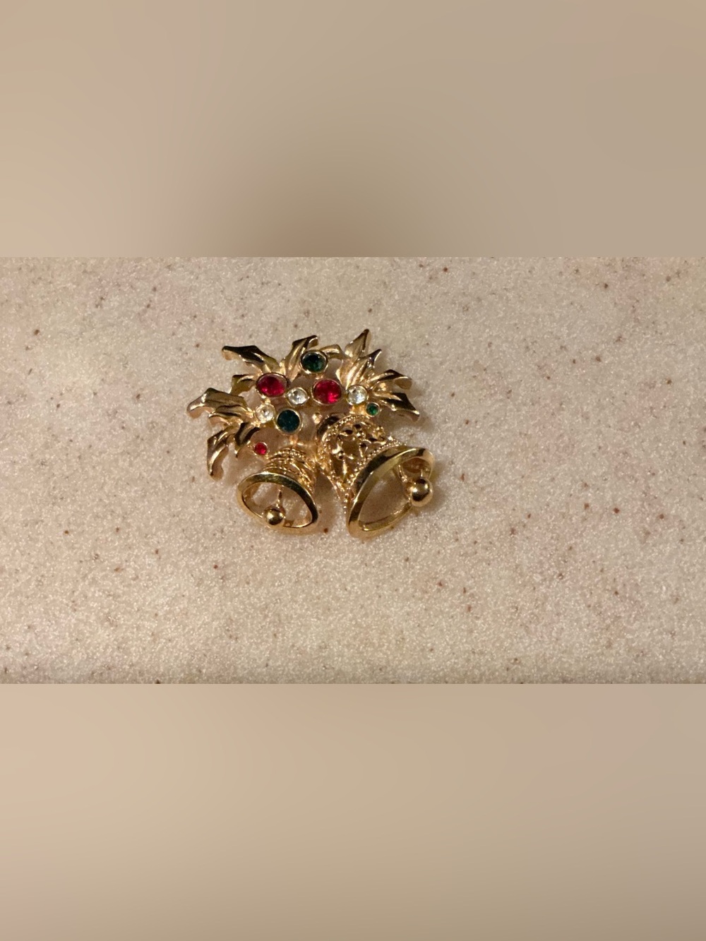 Avon Gold-Tone Festive Bell Brooch with Red and Green Accents 90s